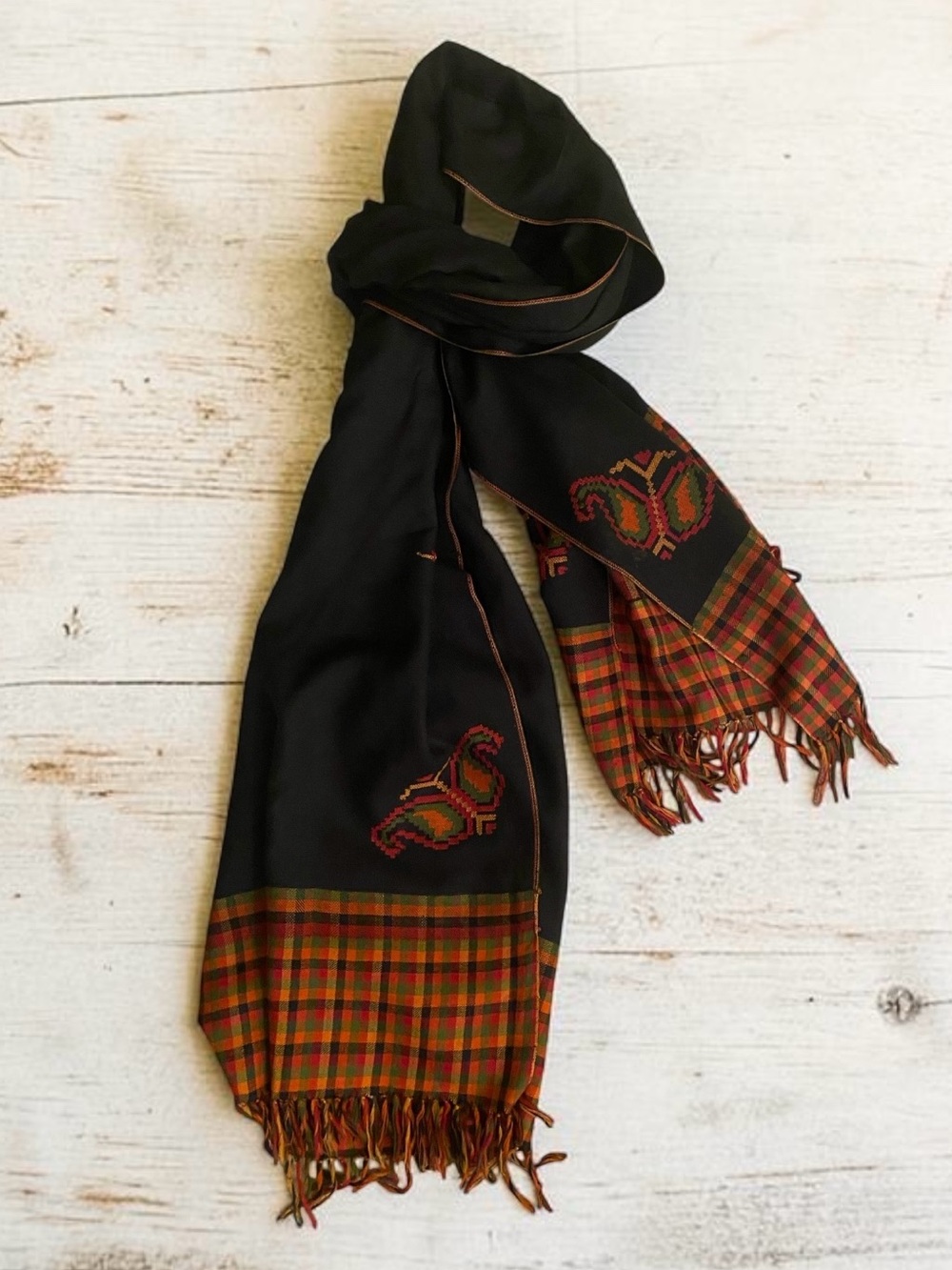 Oversized Black Scarf with Red & Orange Plaid Accents -  Perfect Fall Accessory!
